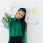 Woman standing with a thumbs down gesture next to a financial loss graph on a whiteboard.